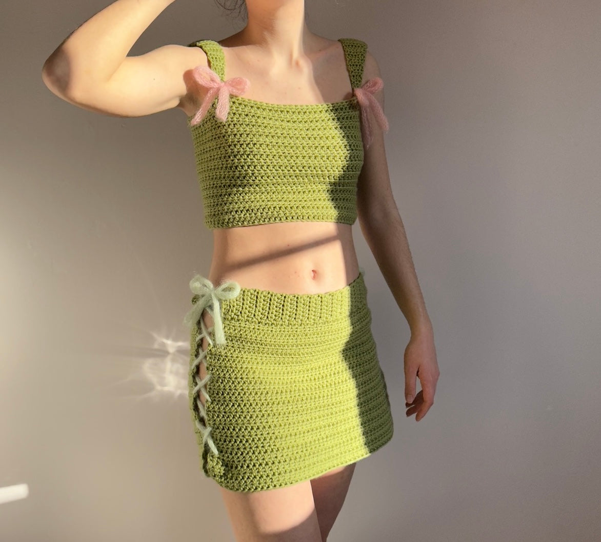 Handmade crochet coord with bow top and lace up skirt