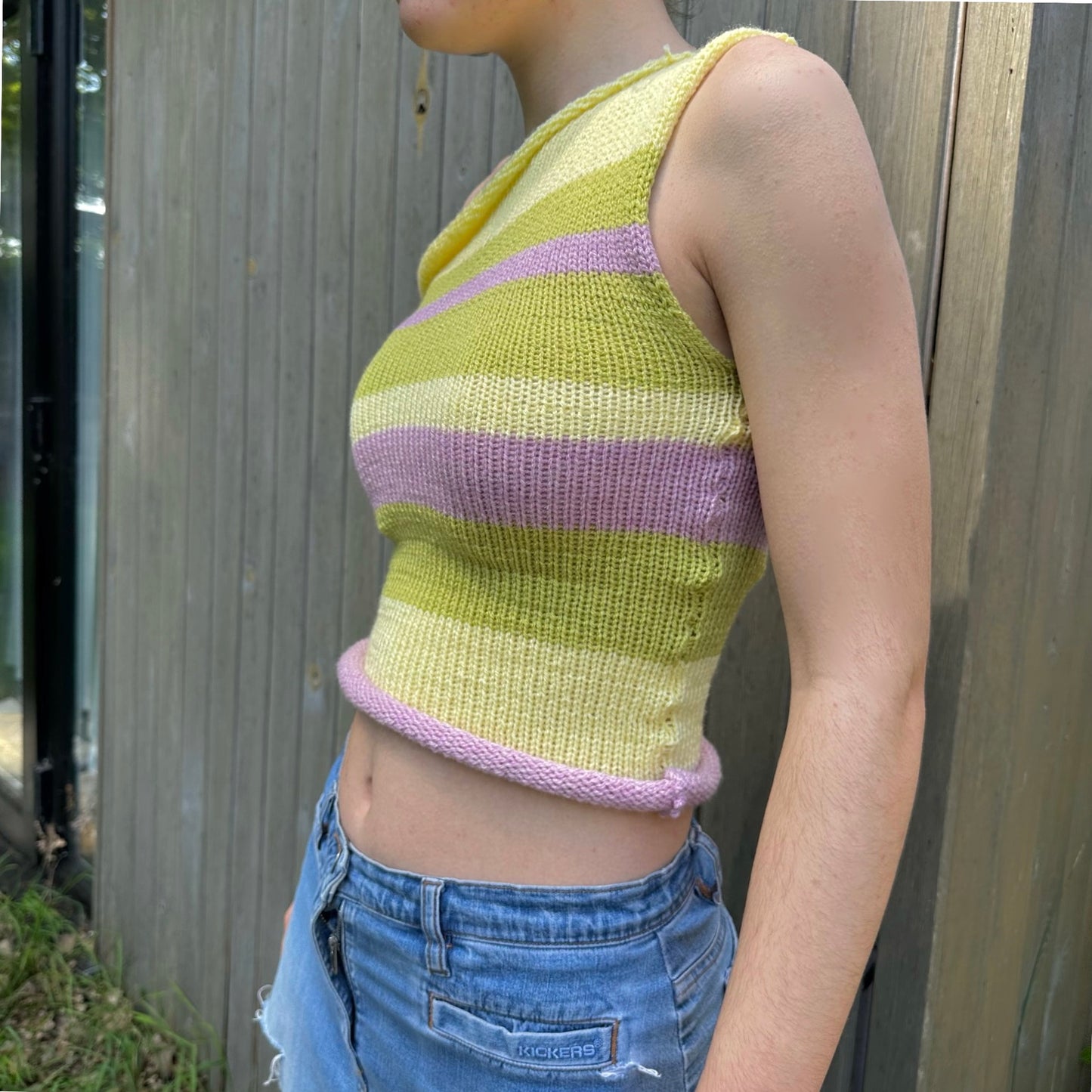 Handmade knitted uneven striped one shoulder asymmetrical top in dusky pink, pastel yellow and green