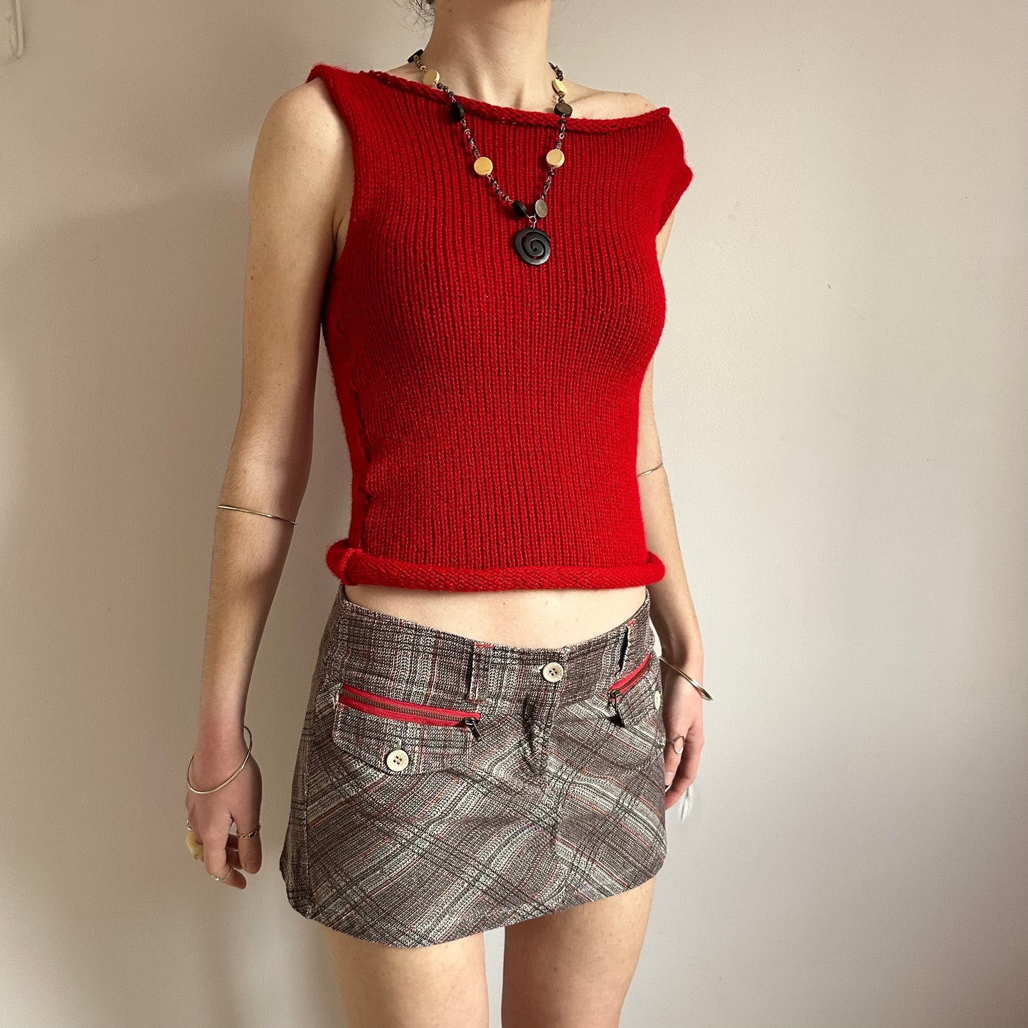 Handmade dark red off the shoulder knit vest