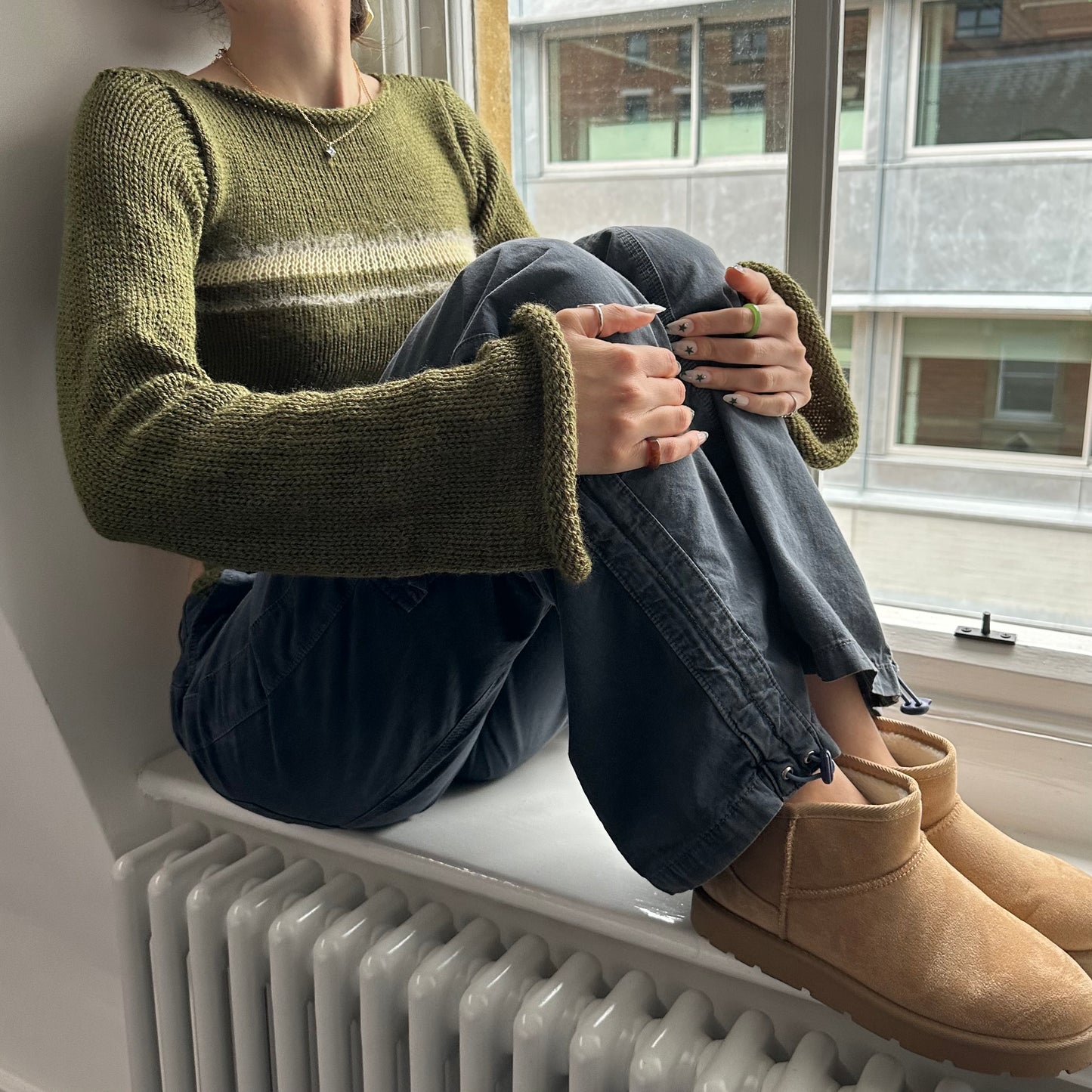 Handmade khaki green bow tie up knit jumper