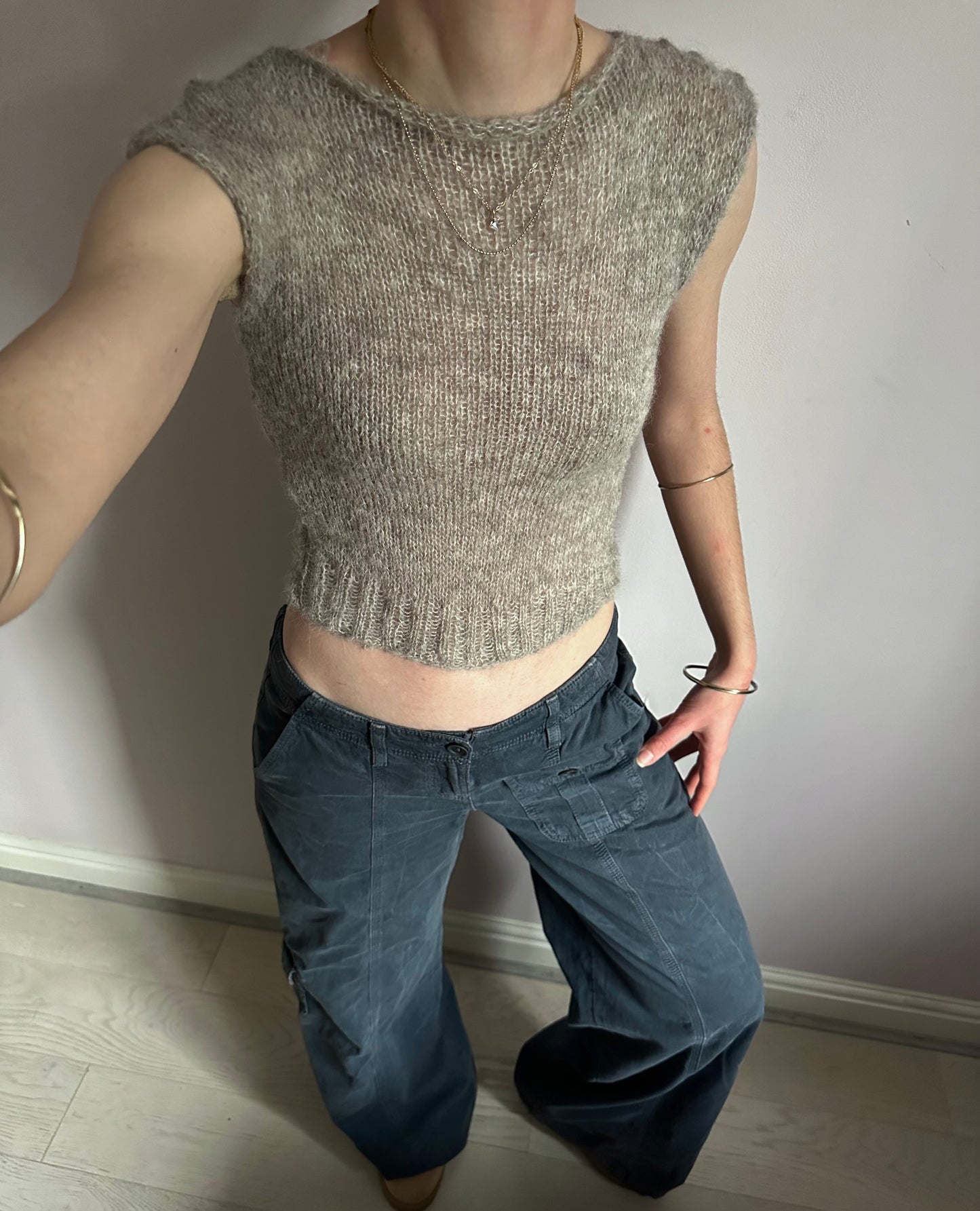 Handmade grey mohair ribbed knit vest