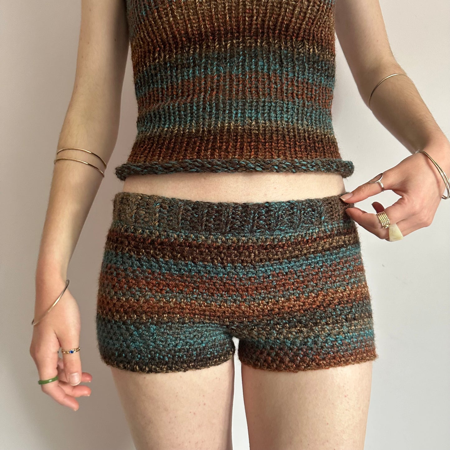 Handmade brown and blue ombré striped crochet shorts