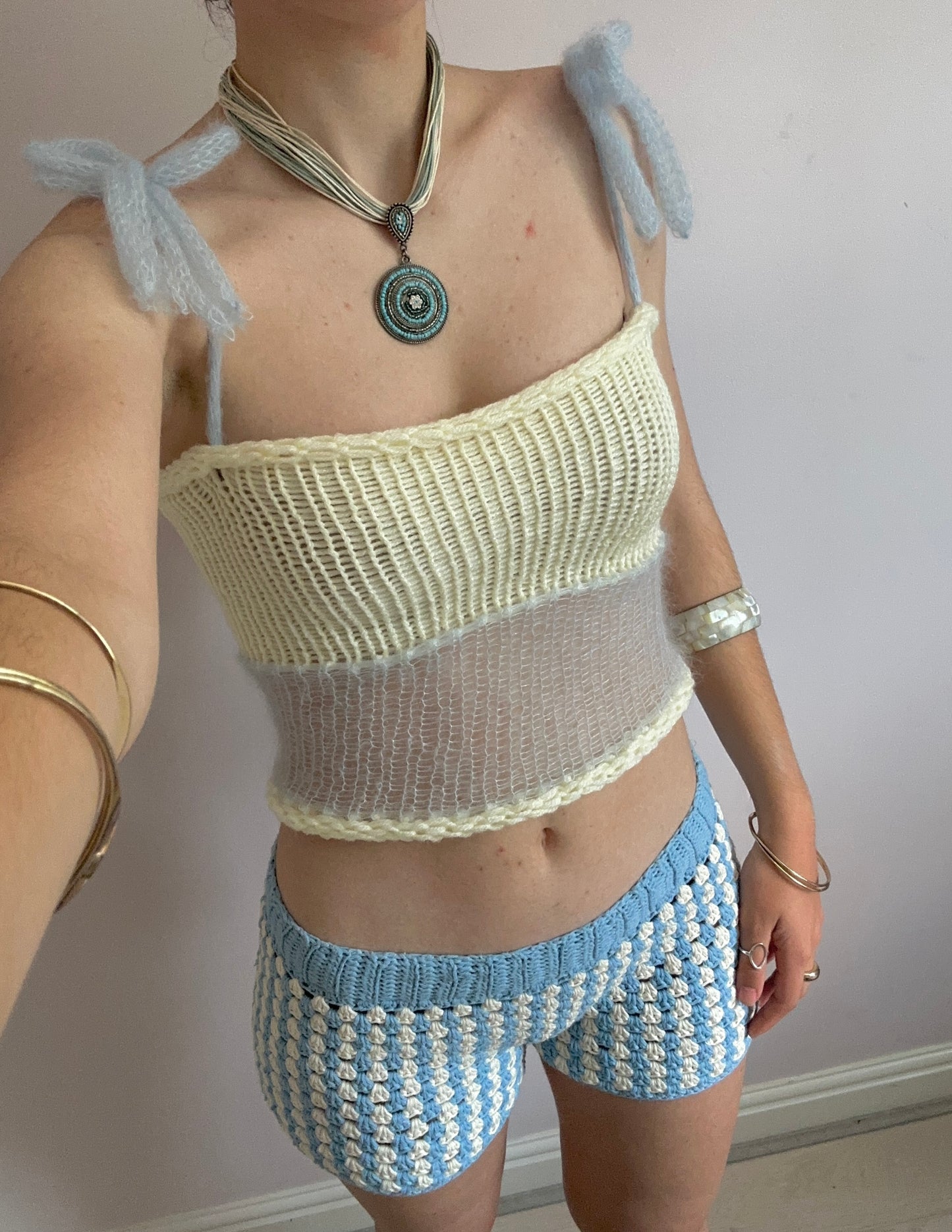 Handmade knitted mohair bow top in cream and baby blue