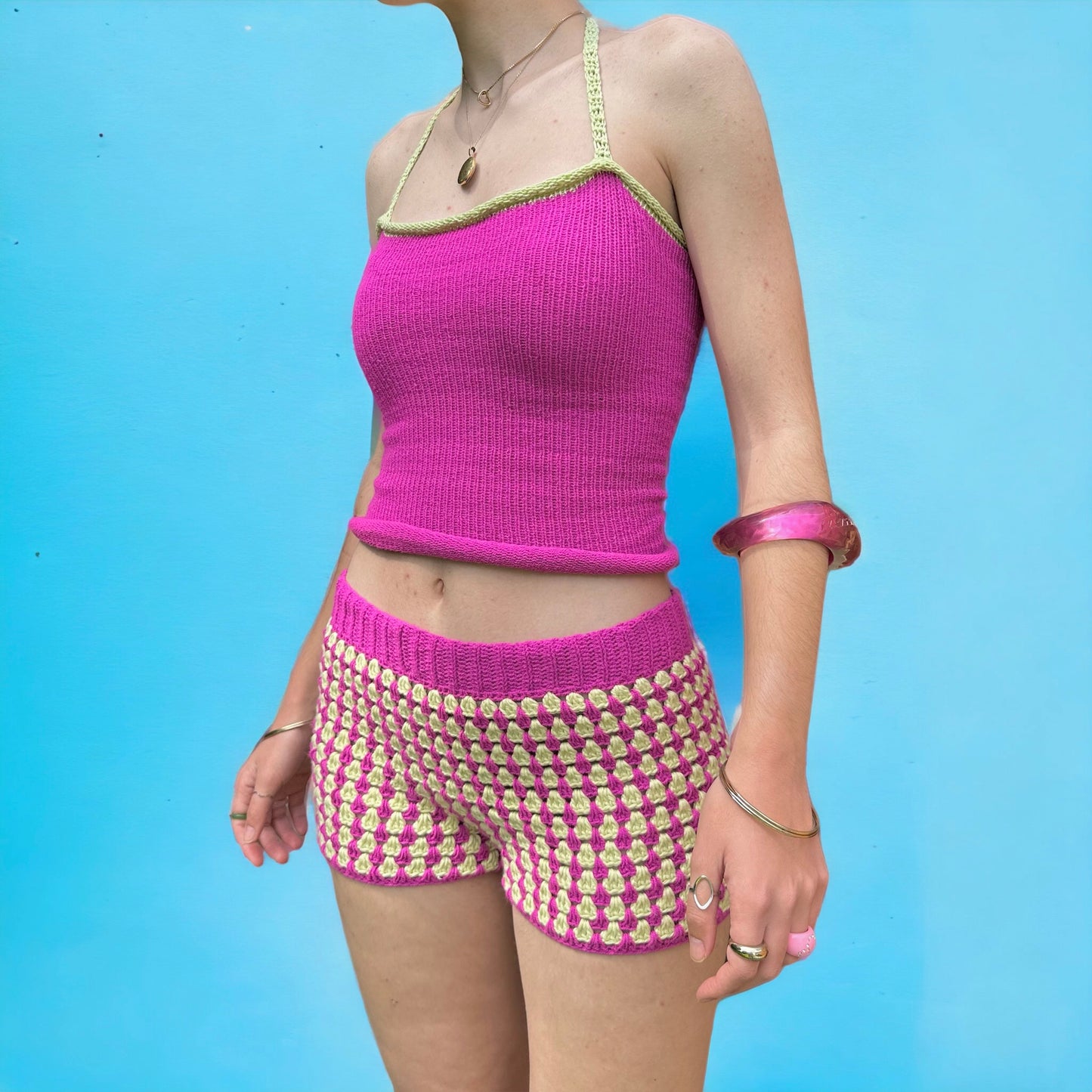 The Pink and Lime Set - matching crochet shorts and knit tank top