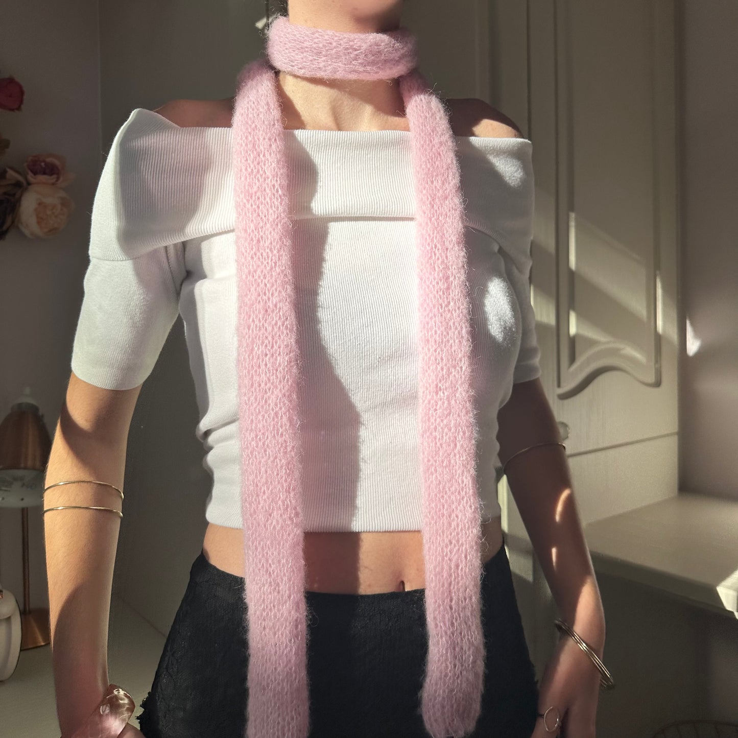 Handmade knitted mohair skinny scarf in baby pink