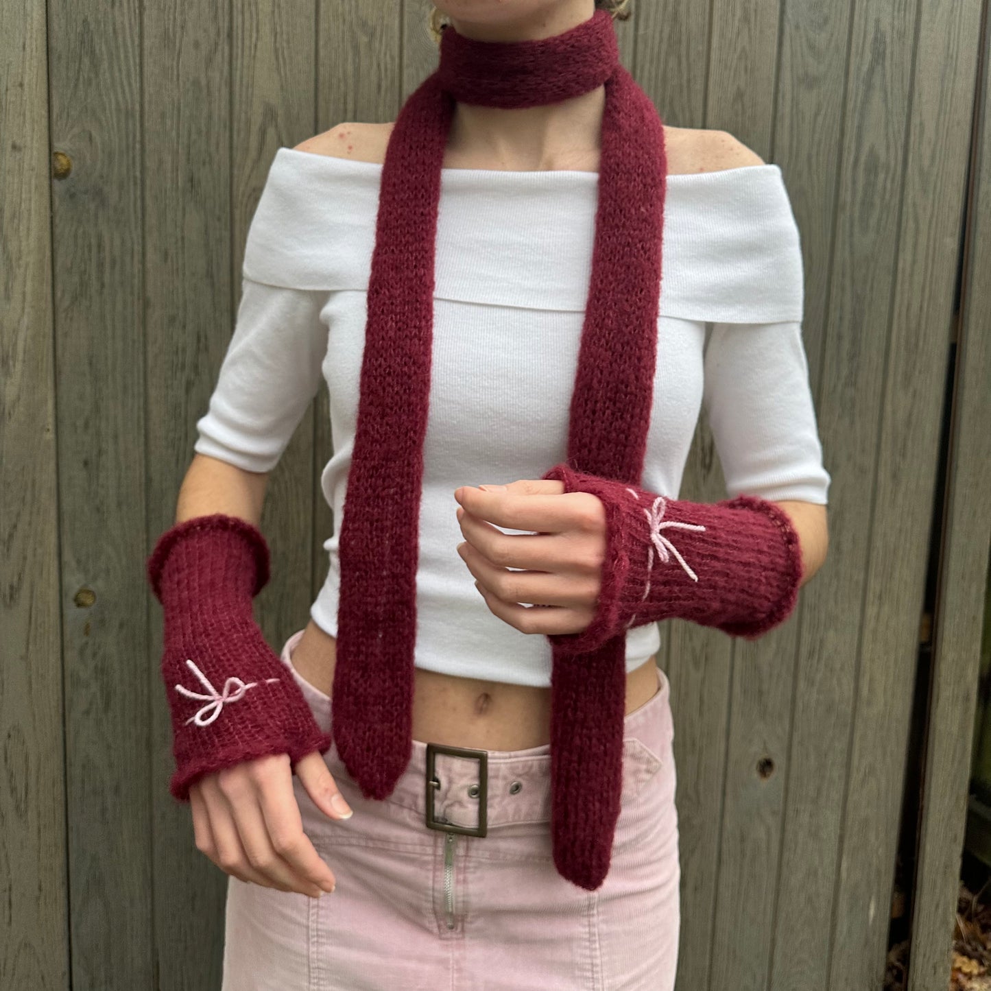 Handmade knitted mohair hand warmers in burgundy and baby pink - with thumb hole