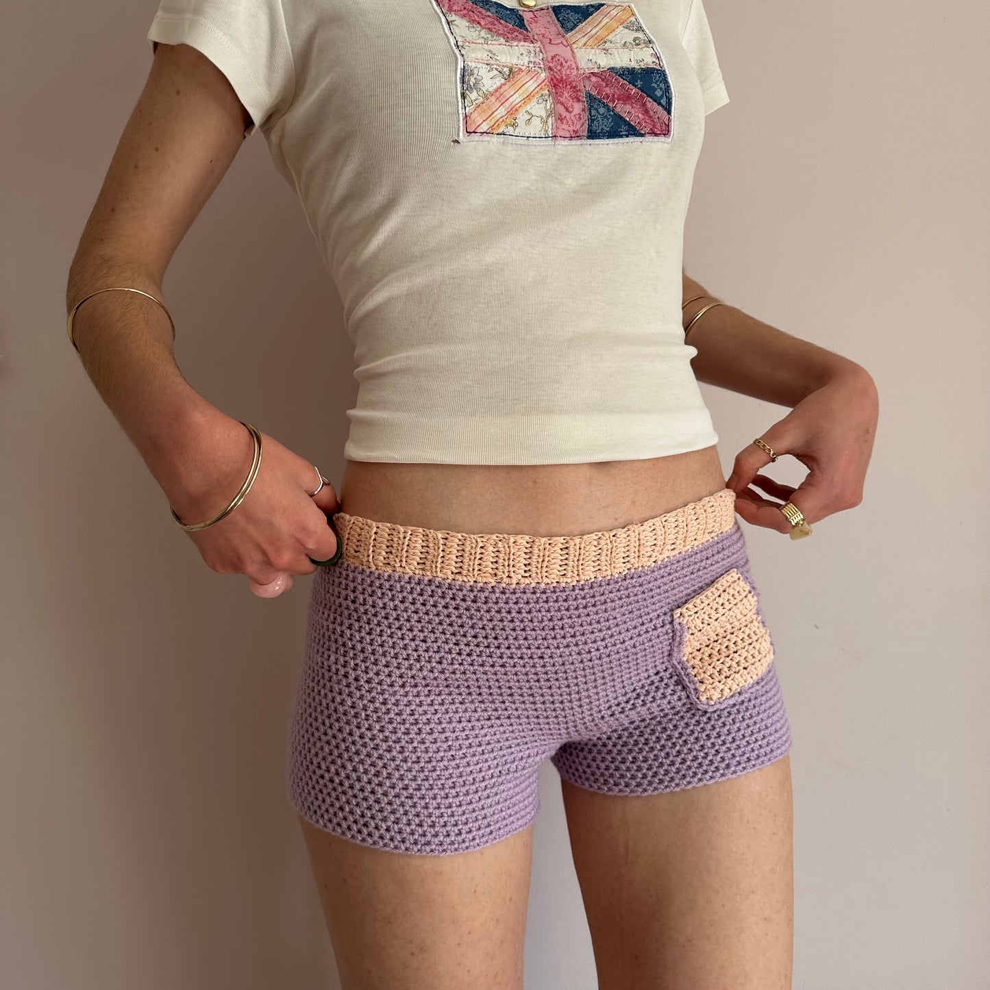 Handmade crochet shorts in lilac and peach with pocket