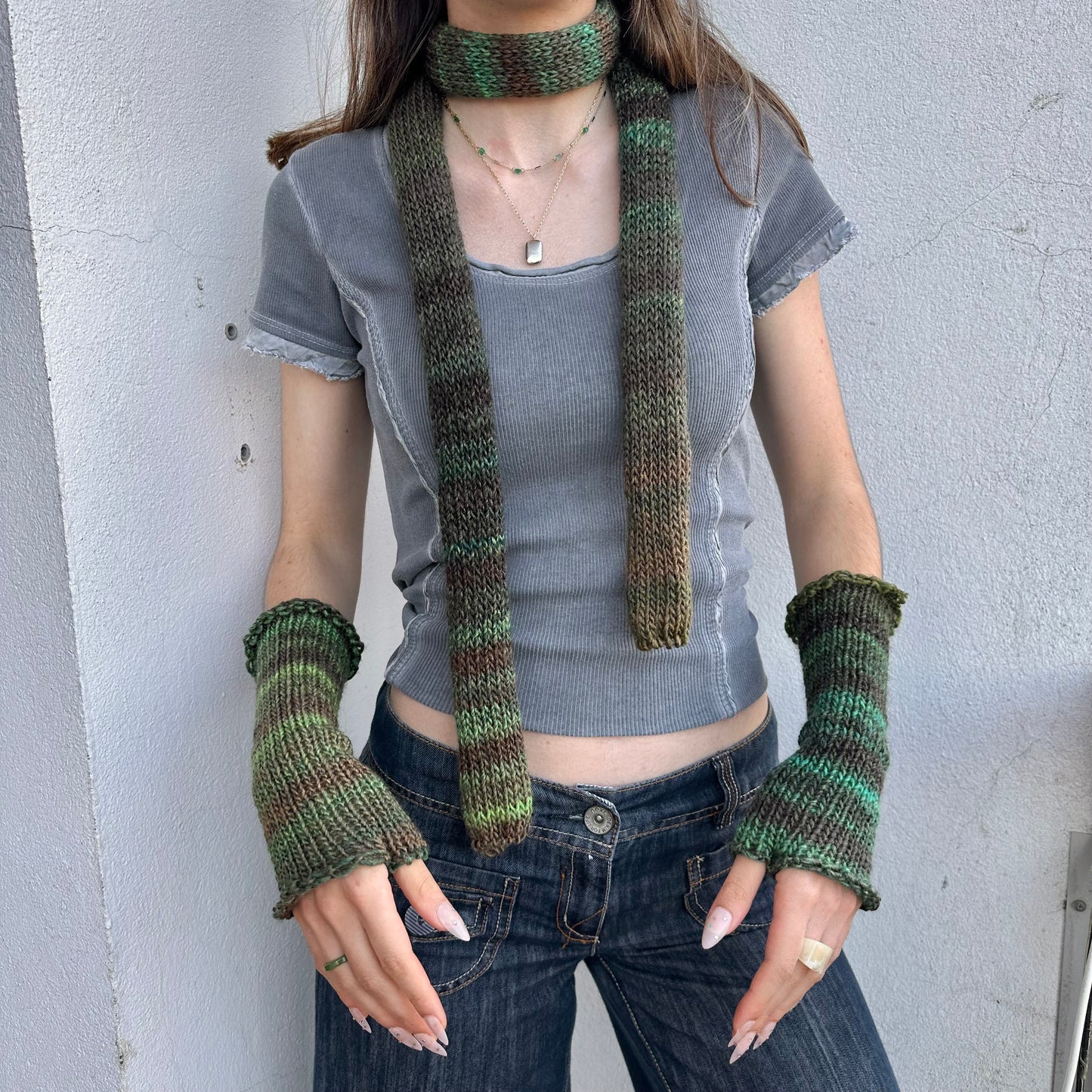 Handmade knitted green ombré skinny scarf