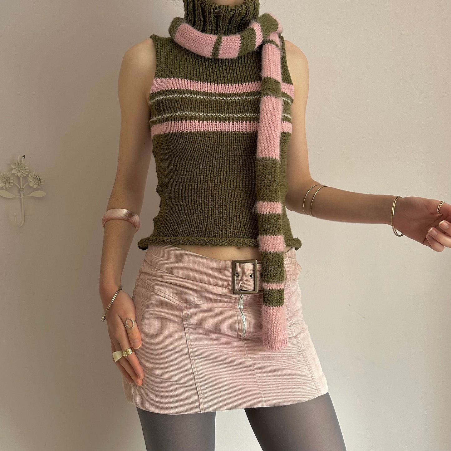 Handmade knitted stripy skinny scarf in dusky pink and khaki green