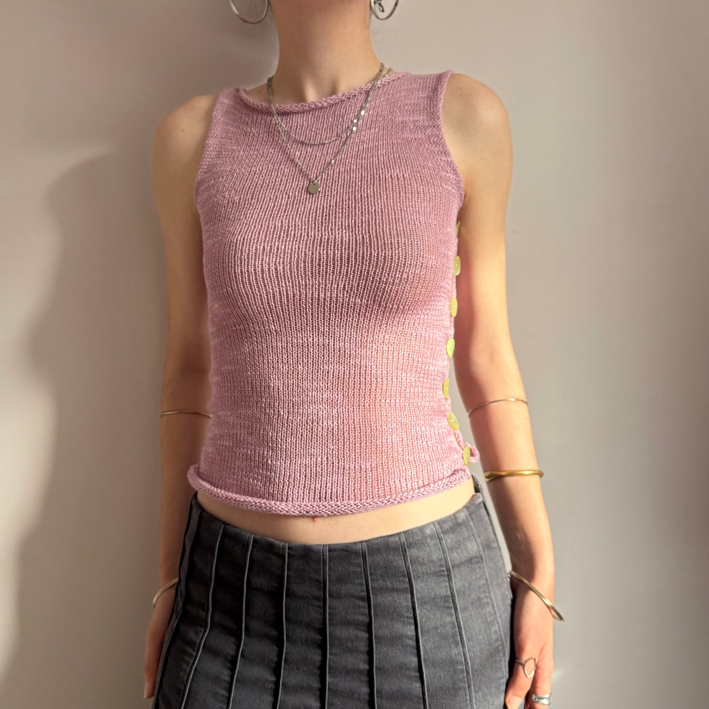 Handmade knitted Pearl Vest in lilac with green mother of pearl buttons - linen blend