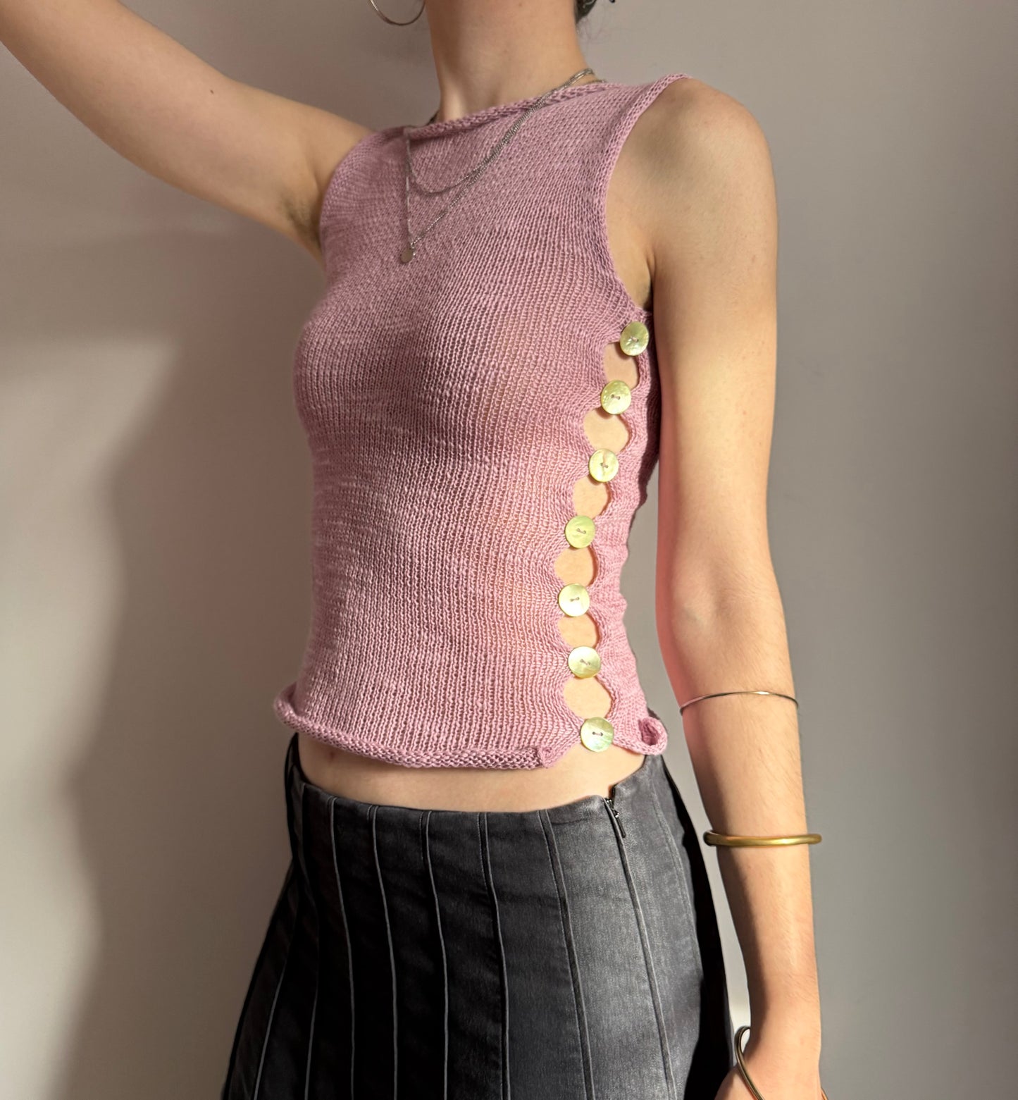 Handmade knitted Pearl Vest in lilac with green mother of pearl buttons - linen blend
