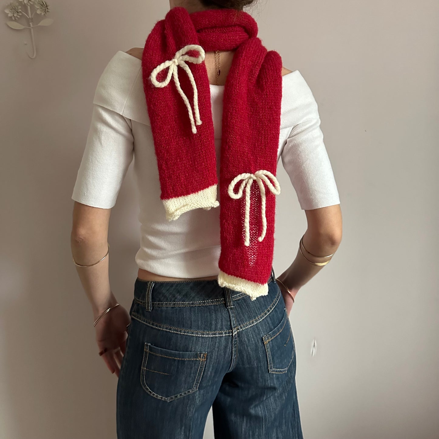 Handmade knitted red and cream mohair bow scarf