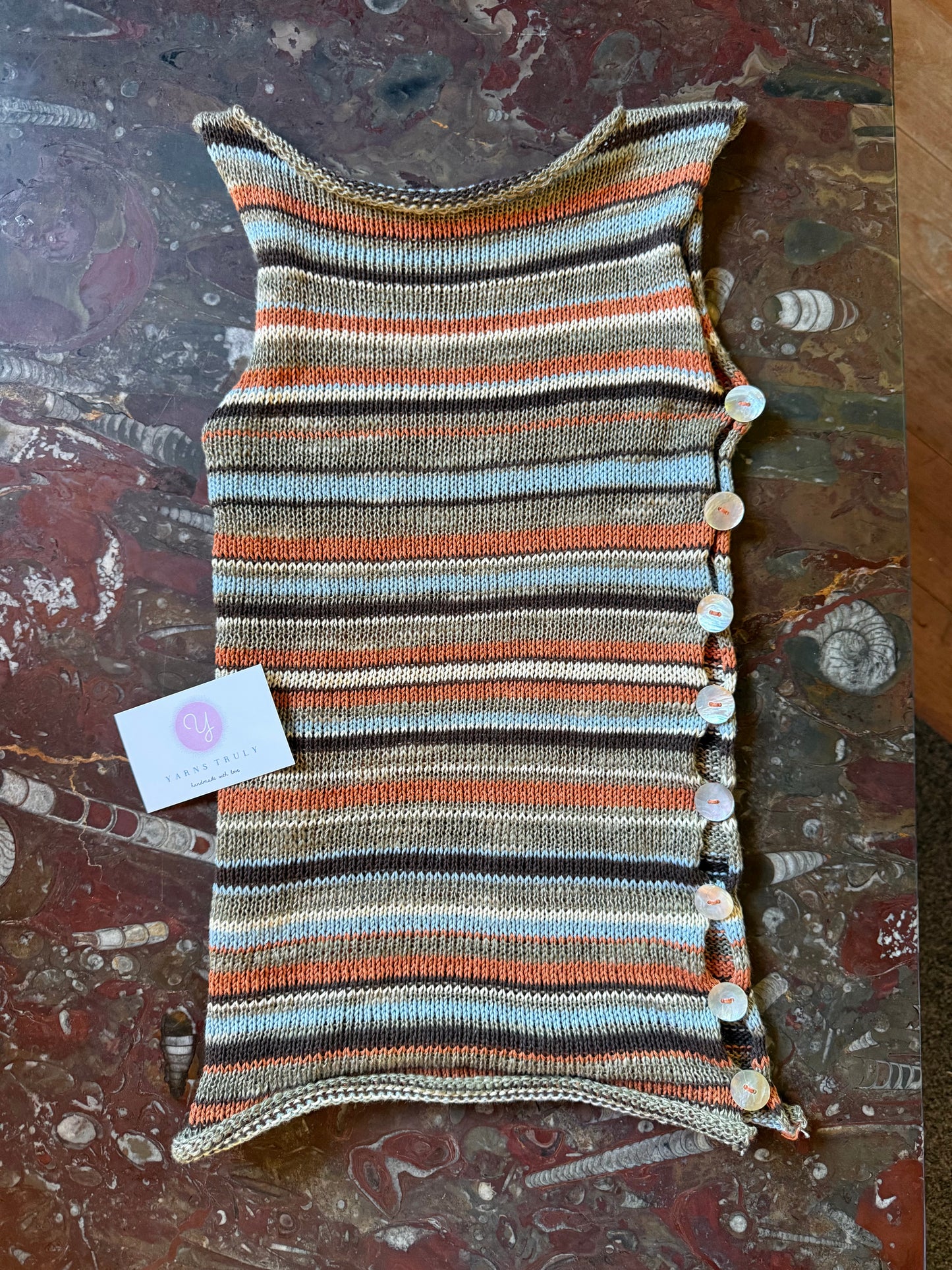 Retro Striped Pearl Vest - handmade knitted vest with mother of pearl buttons