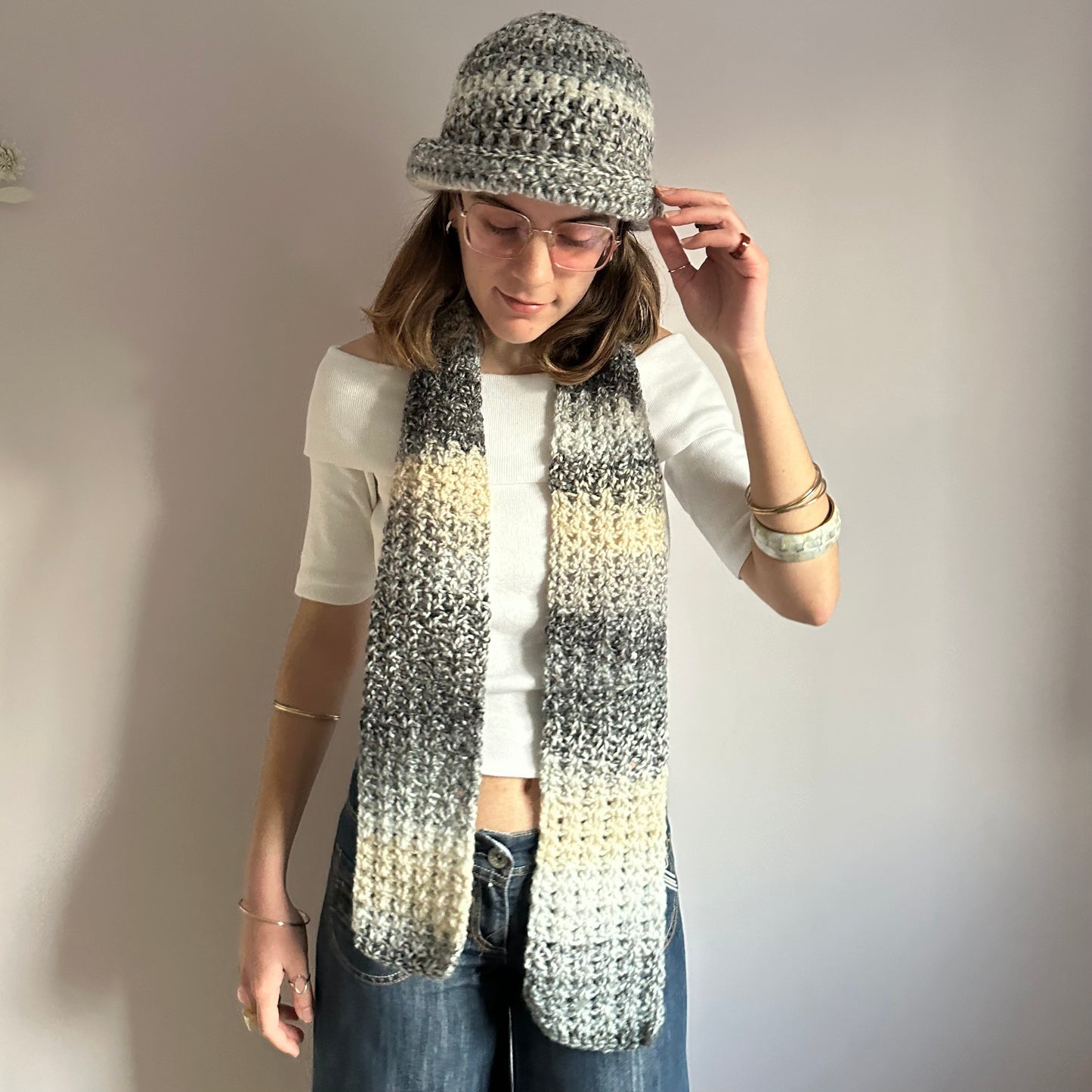 Handmade ombré grey and cream crochet scarf