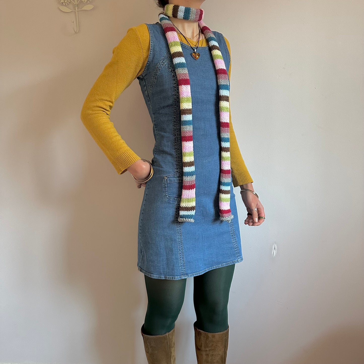 Handmade knitted multicoloured striped skinny scarf