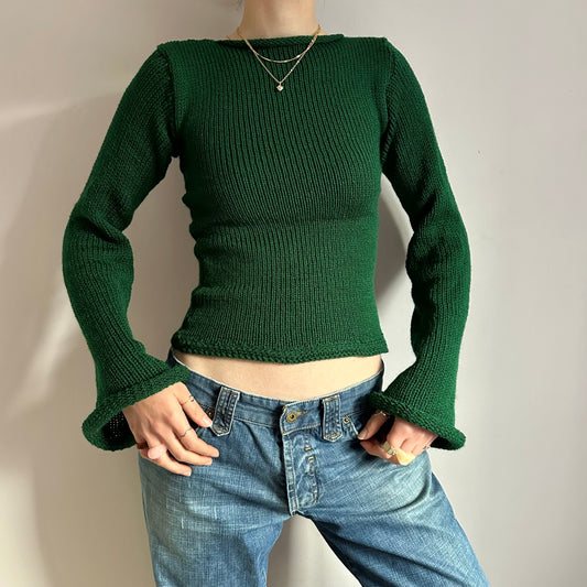 Handmade bottle green bell sleeve knitted jumper