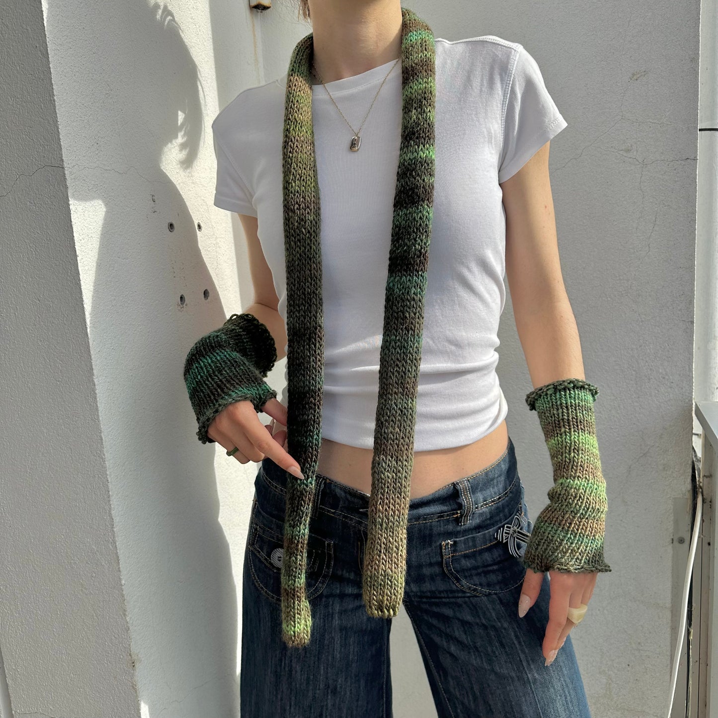 Handmade knitted green ombré skinny scarf