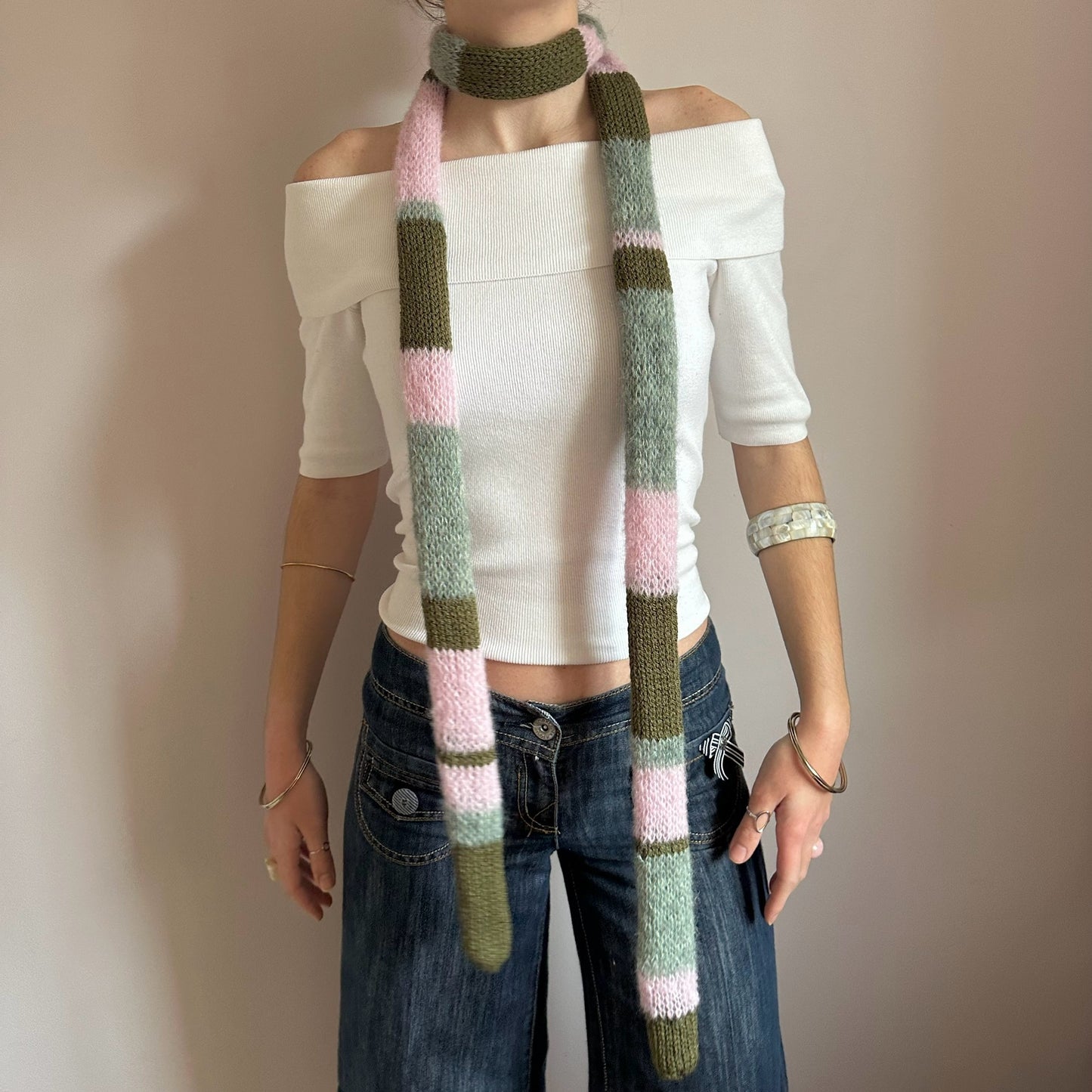 Handmade knitted baby pink, khaki and sage green striped skinny scarf - extra long