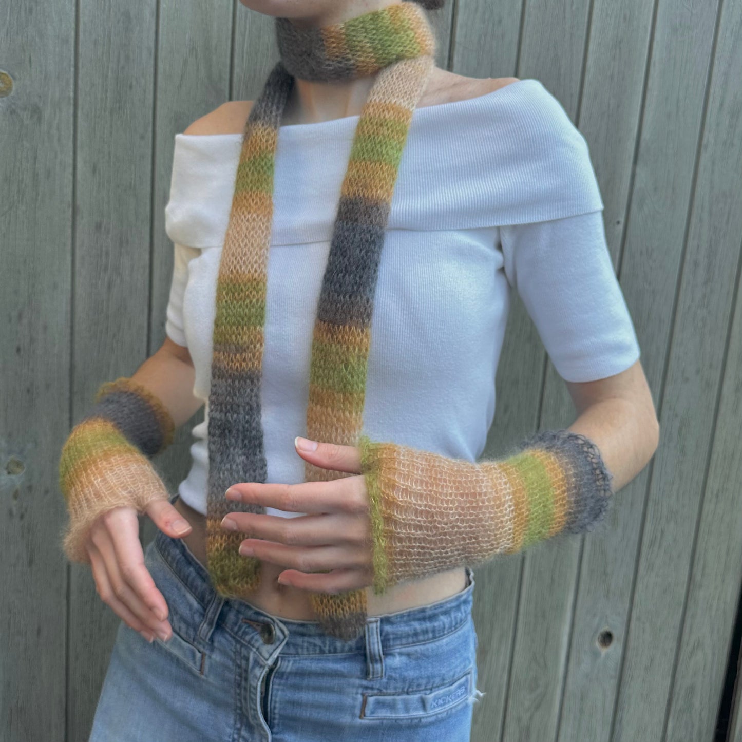 Handmade knitted mohair hand warmers in ombré earth tones - with thumb hole