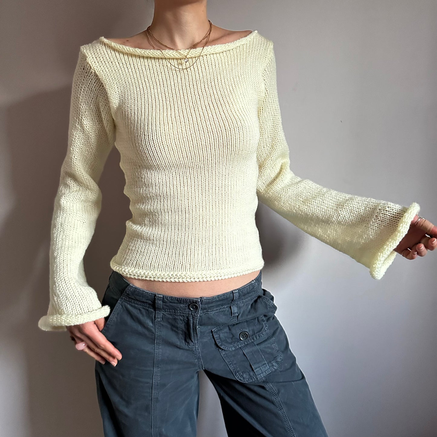 Handmade cream boat neck knitted jumper