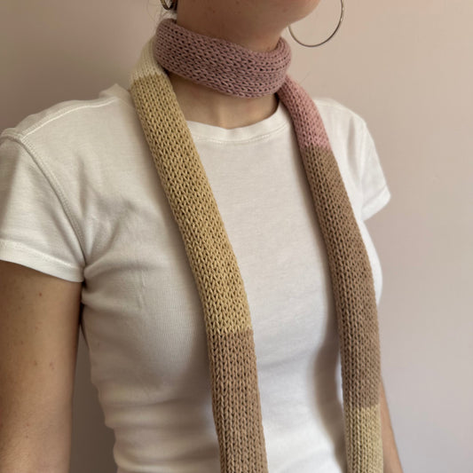 Handmade knitted colour block skinny scarf in beige and dusky pink