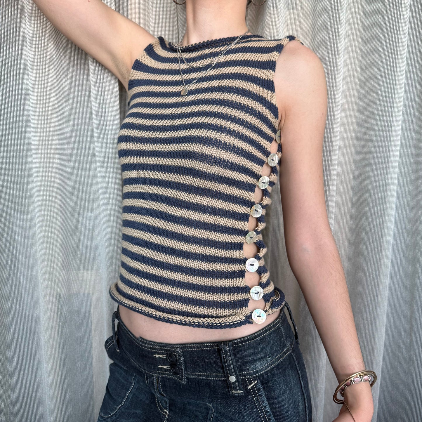 Handmade knitted Pearl Vest - navy blue and beige striped