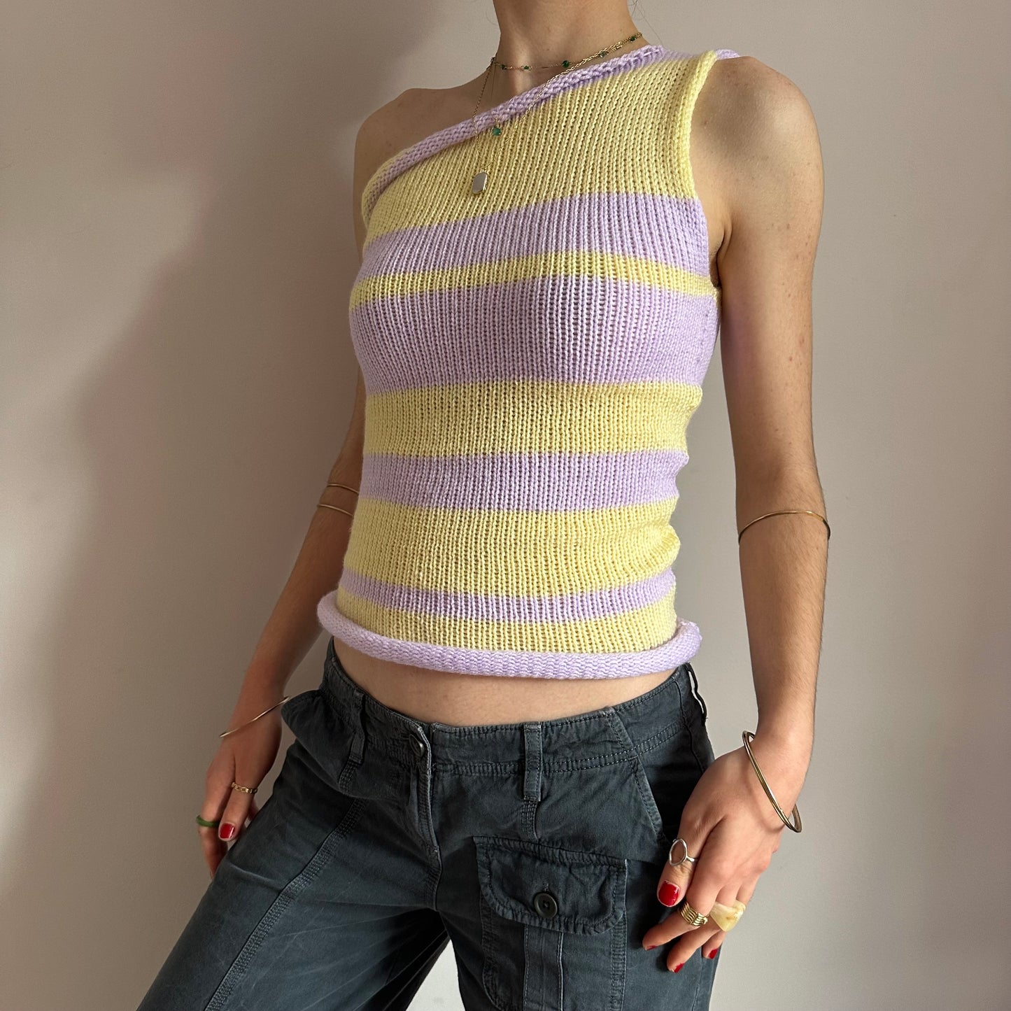 Handmade knitted striped one shoulder top in pastel yellow and lilac