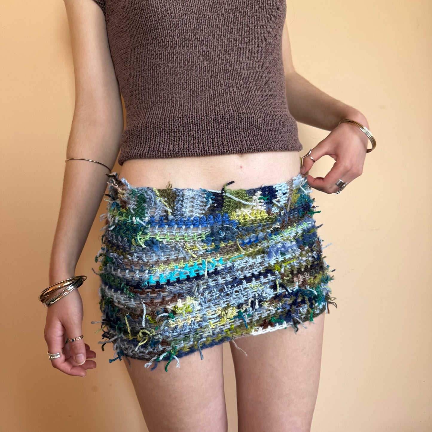 Handmade scrappy crochet mini skirt - 1 of 1, made of leftover yarn scraps (pre made)