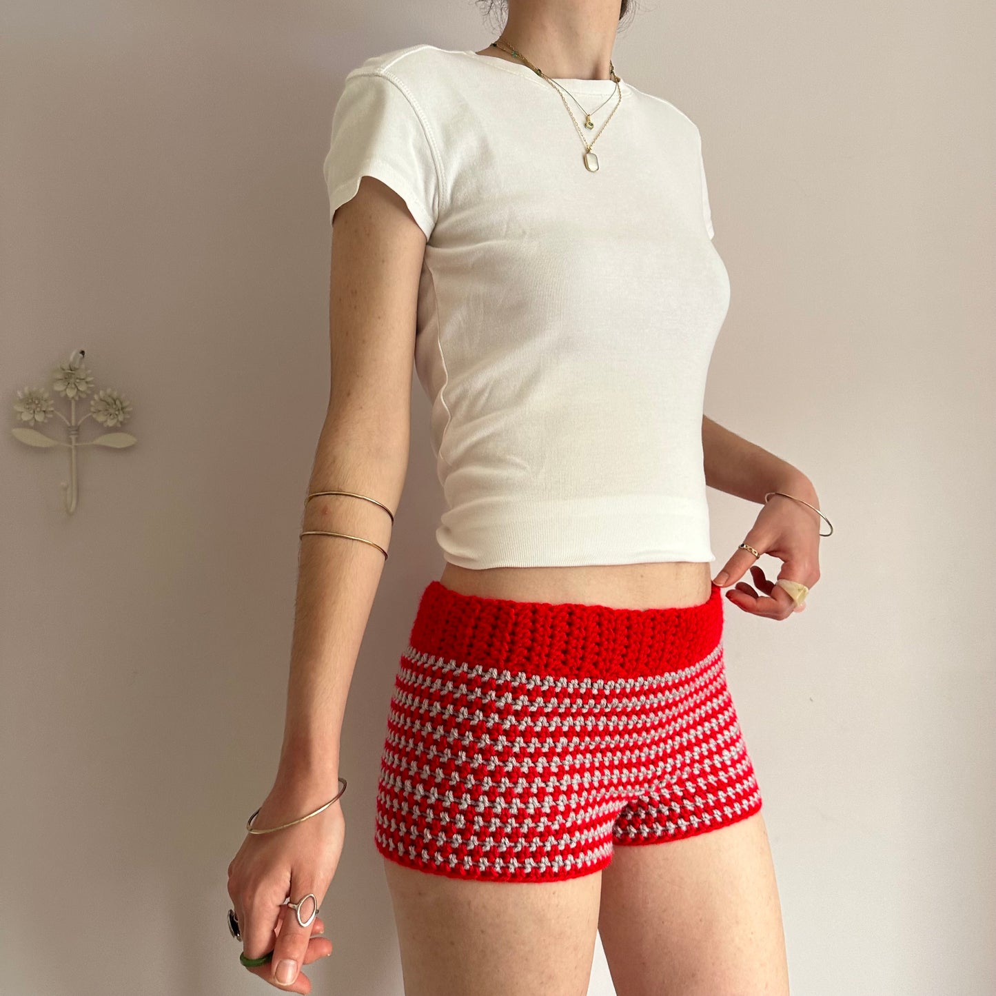 Handmade red and light grey striped crochet shorts