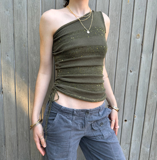 Handmade sparkly draped one shoulder knit top in forest green - cotton