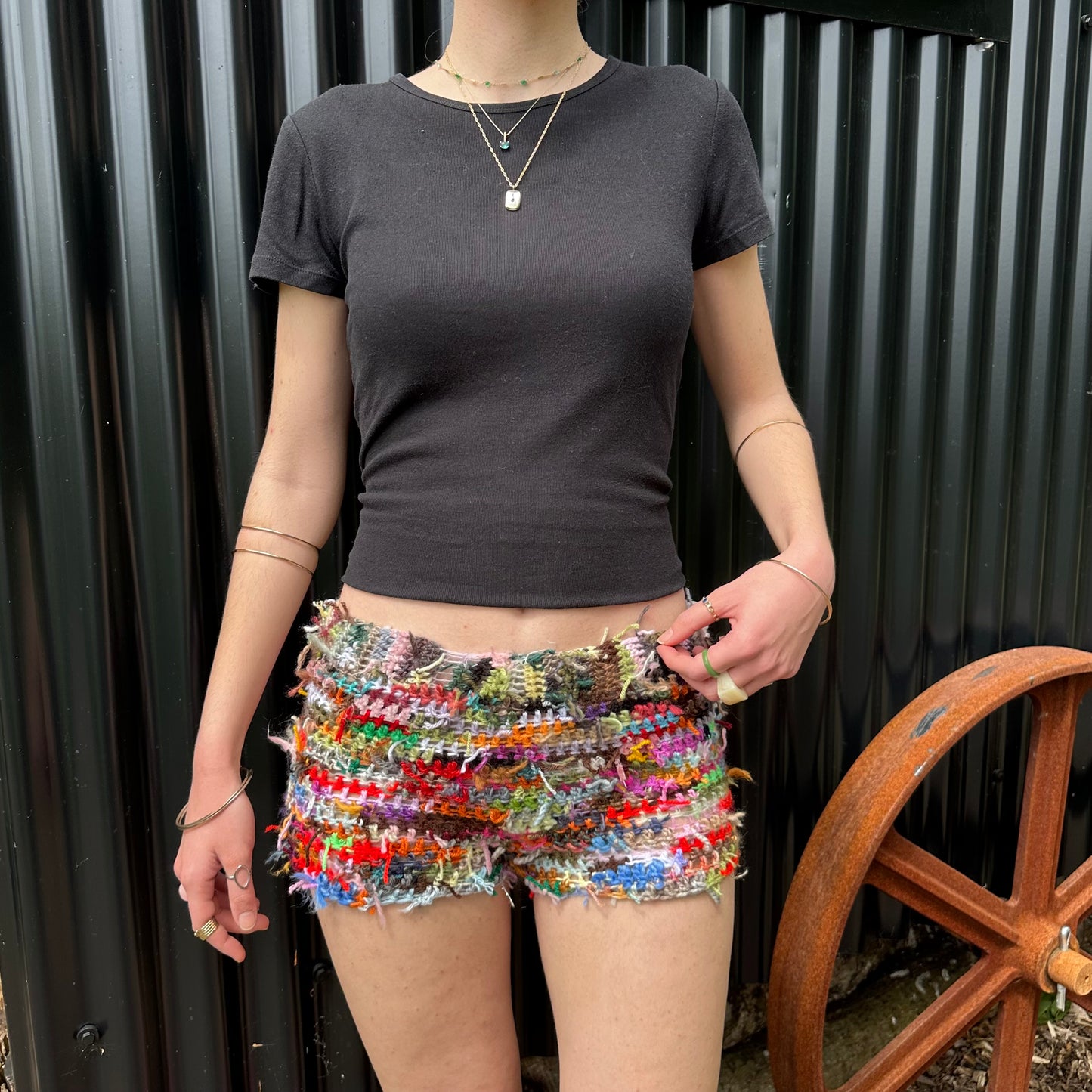 Handmade scrappy crochet shorts - 1 of 1, made of leftover yarn scraps