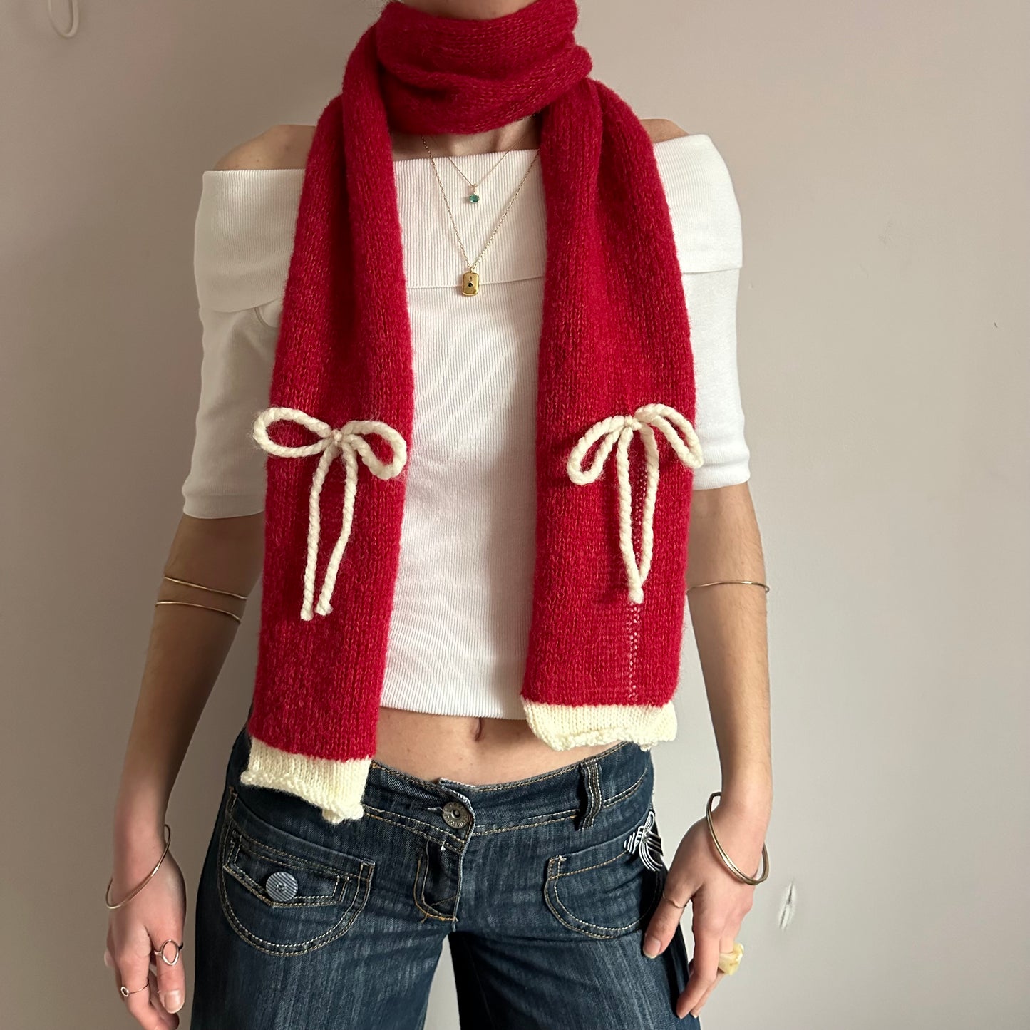 Handmade knitted red and cream mohair bow scarf