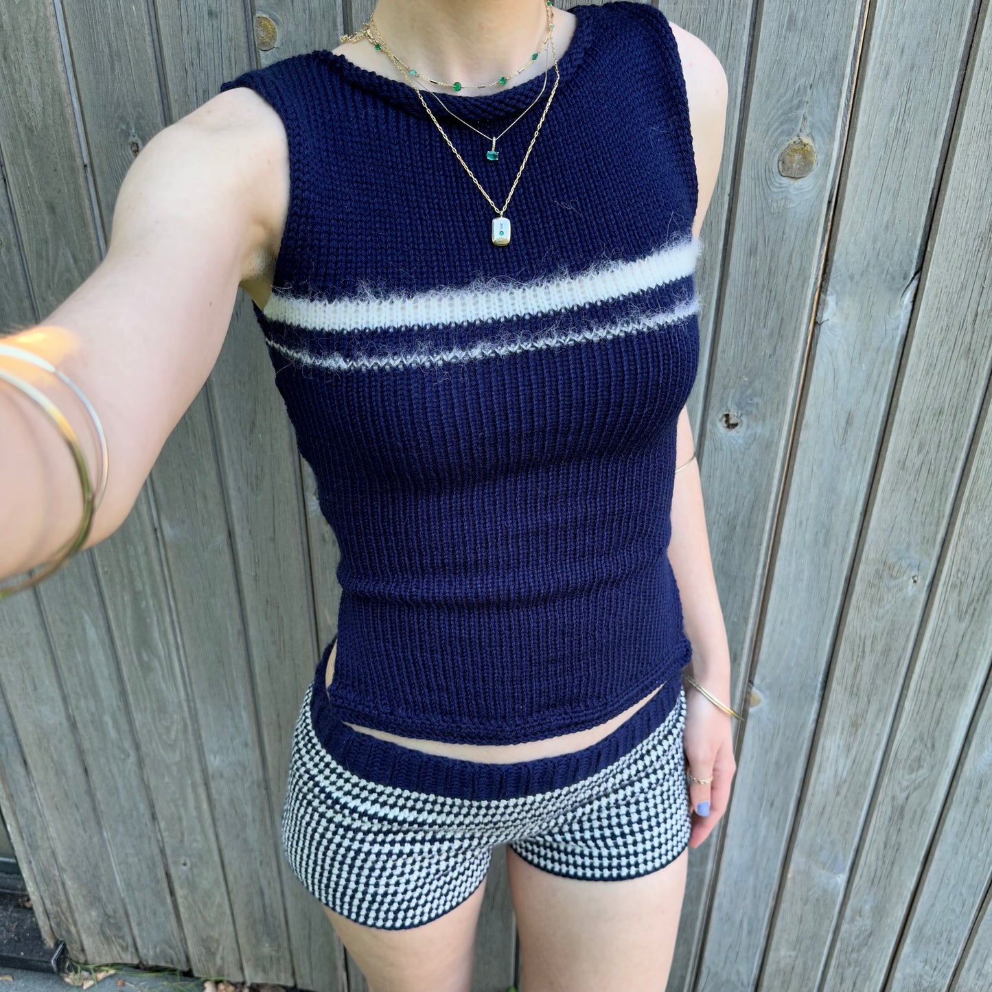 The Blueberry Set - matching striped crochet shorts and bow tie up knit vest top