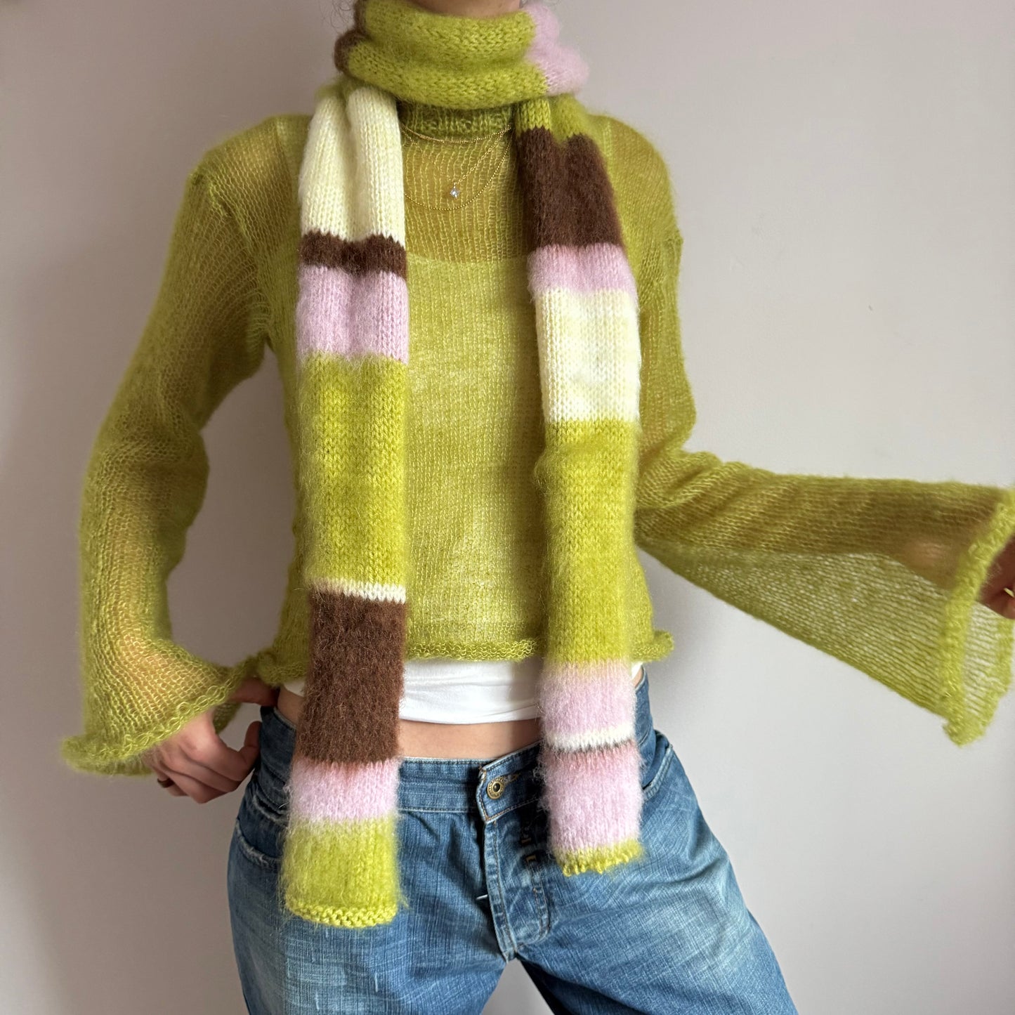 Handmade cream, olive green, brown and baby pink fluffy striped scarf - 1 off piece 🎀