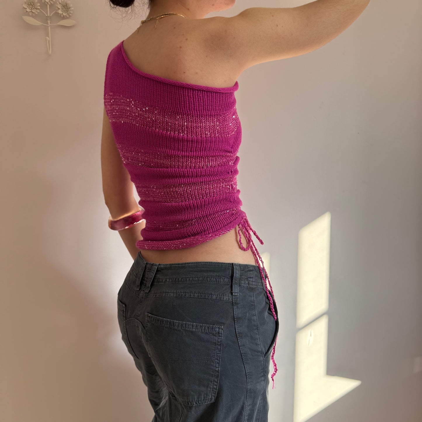 Handmade sparkly draped one shoulder knit top in hot pink