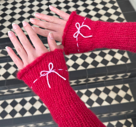 Handmade knitted mohair hand warmers in red & baby pink - with thumb hole