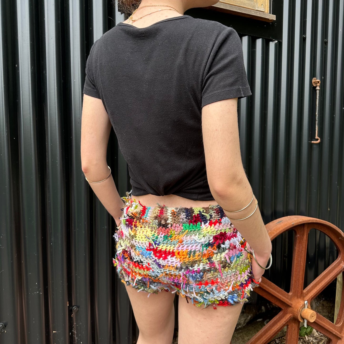 Handmade scrappy crochet shorts - 1 of 1, made of leftover yarn scraps