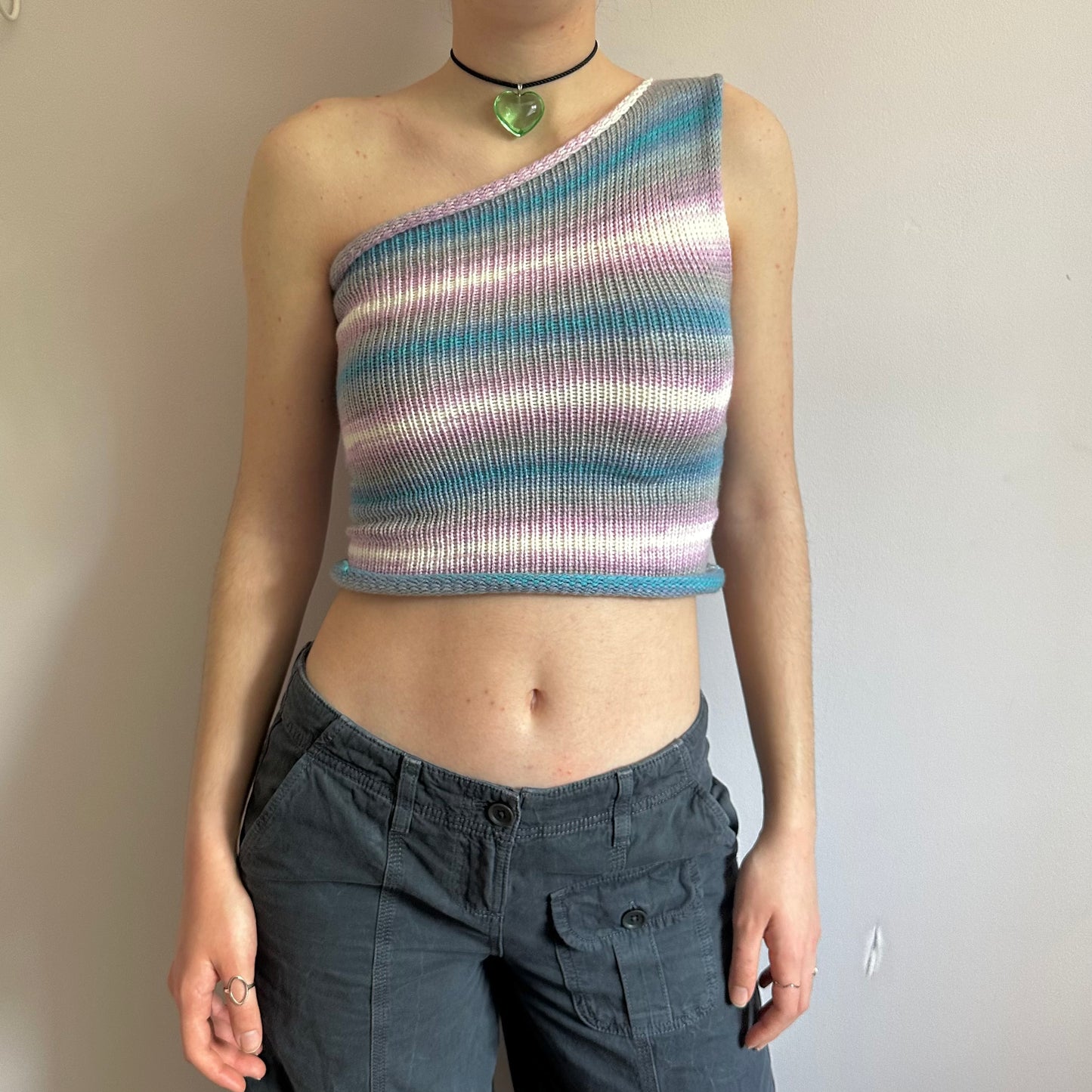 Handmade knitted one shoulder asymmetrical top in blue, lilac and white