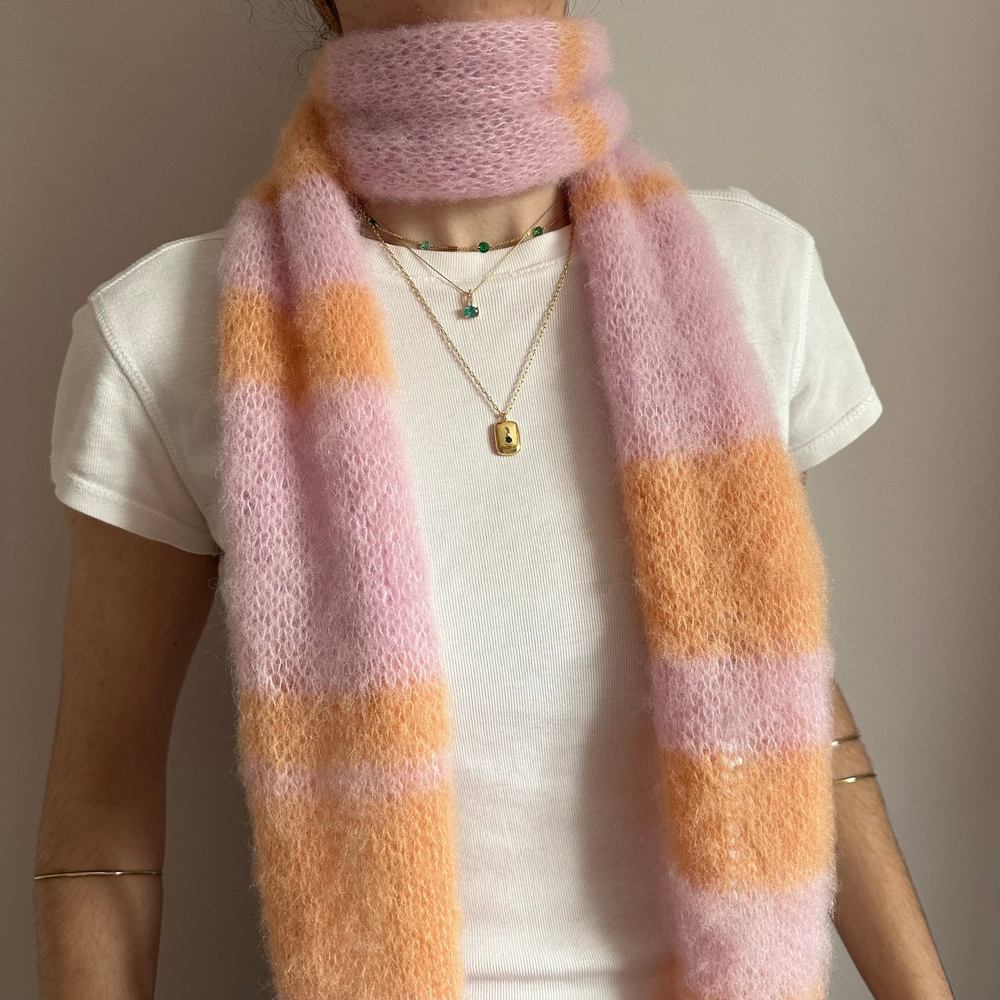 Handmade knitted baby pink and orange brushed mohair striped scarf