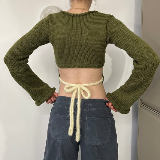 Handmade khaki green bow tie up knit jumper