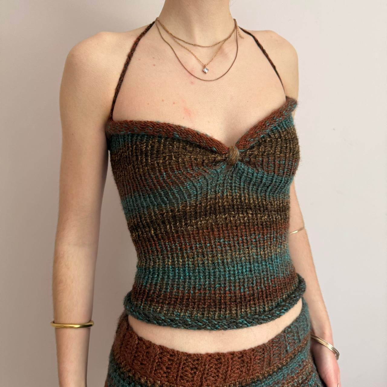 Handmade brown and blue ruched bust ombré knitted halter top