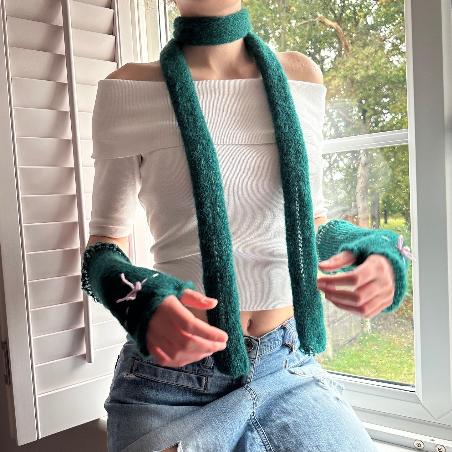 Handmade knitted mohair skinny scarf in emerald green