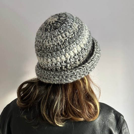 Handmade grey and cream chunky crochet bowler hat