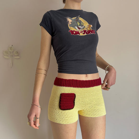 Handmade crochet shorts in pastel yellow, dark red and brown with pocket