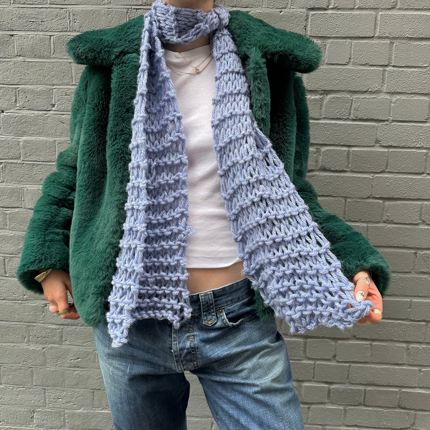 Handmade chunky fishnet knitted scarf in cornflower blue