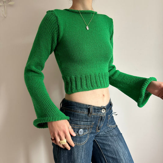 Handmade green ribbed knit jumper with flared sleeves