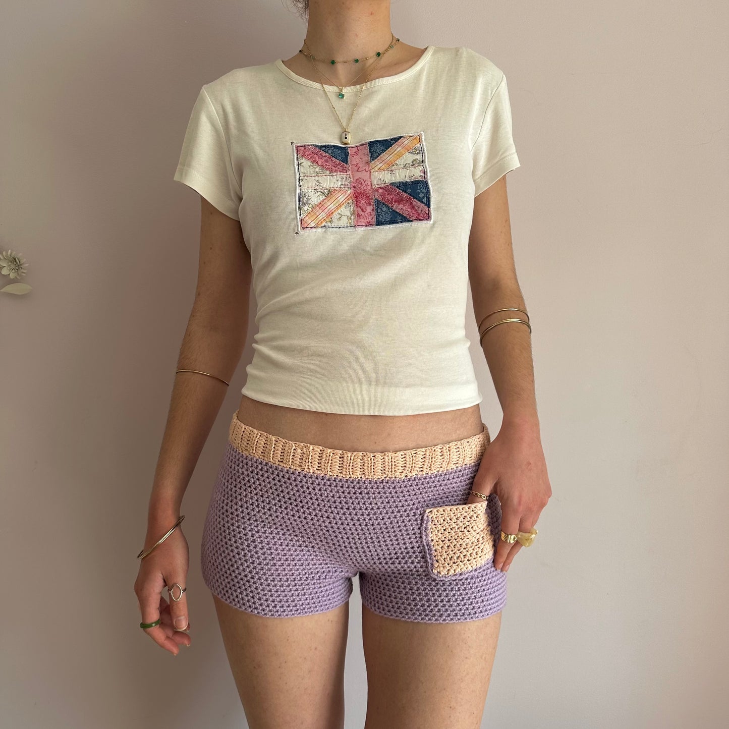 Handmade crochet shorts in lilac and peach with pocket