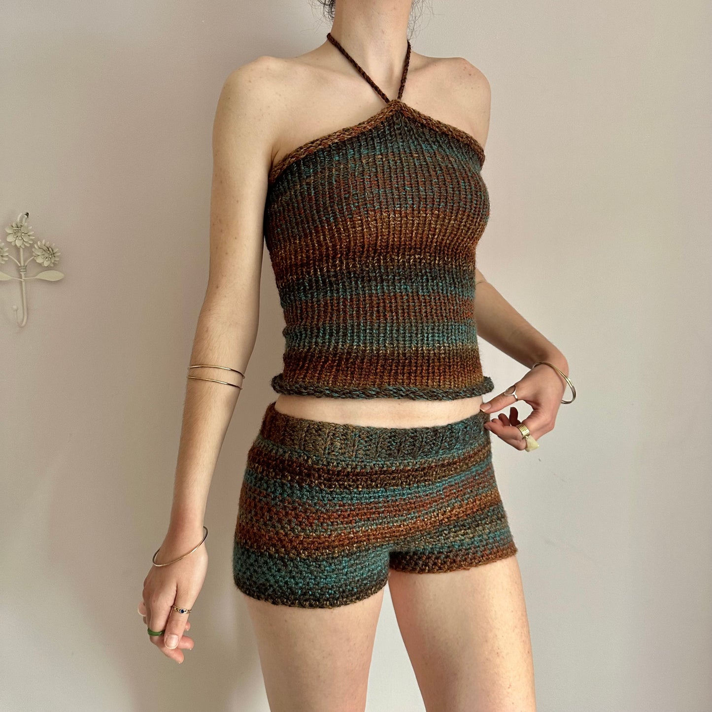 Handmade brown and blue ombré striped crochet shorts