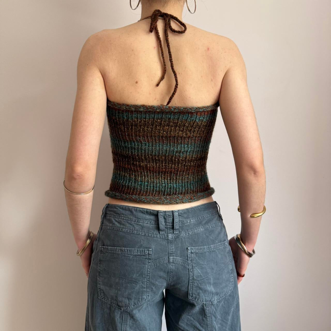 Handmade brown and blue ruched bust ombré knitted halter top