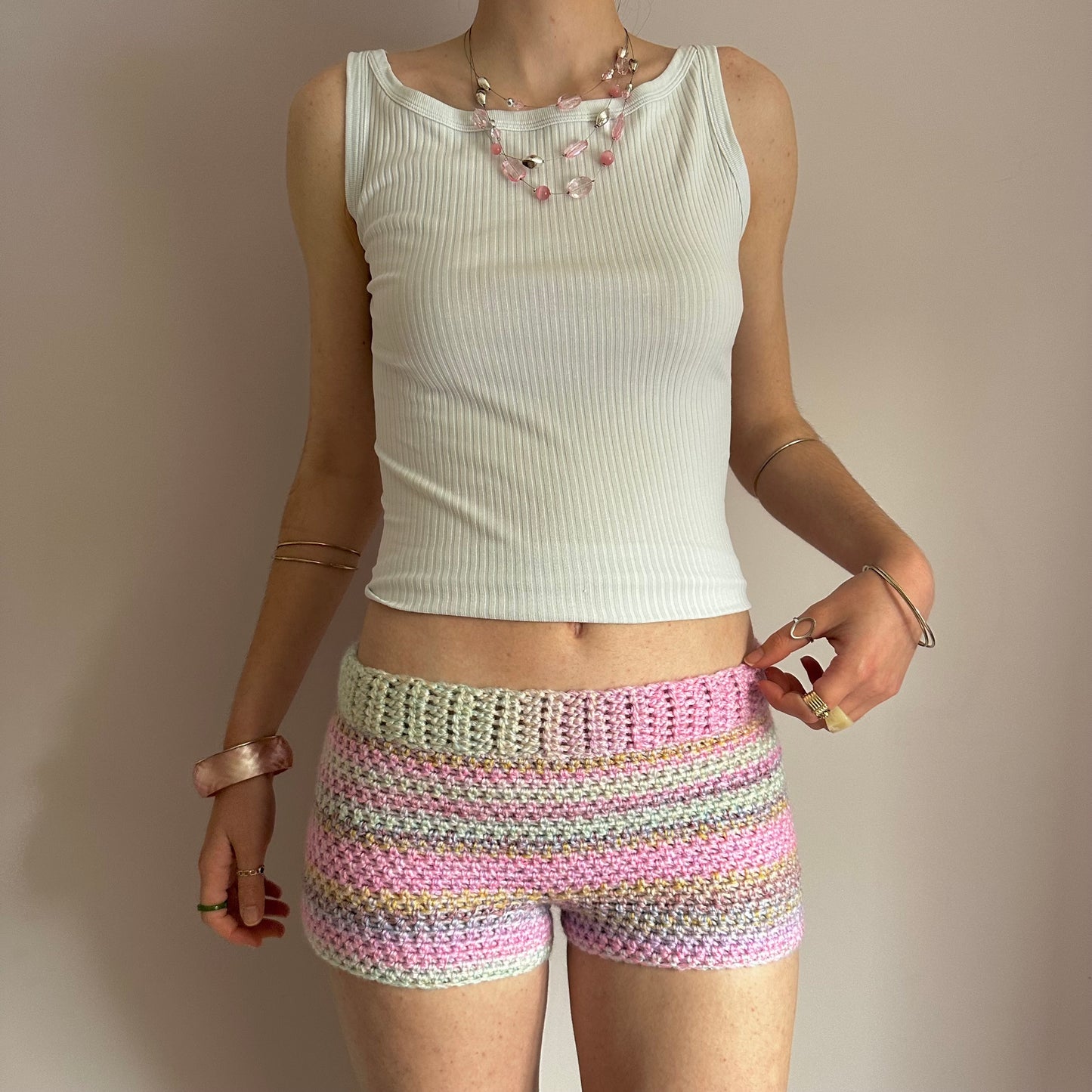 Handmade pastel shades ombré striped crochet shorts